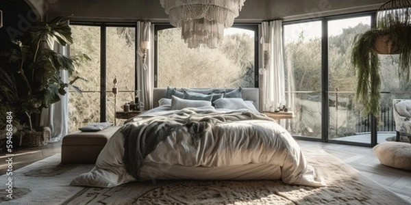 Obraz A luxurious Boho Chic Bedroom with a plush fringe duvet cover and a bohemian crystal chandelier, generative ai