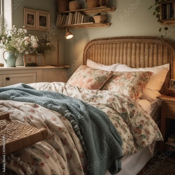 Fototapeta A cozy Country Bedroom with a wicker headboard and chintz bedding, generative ai
