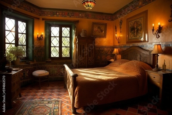 Obraz A charming Mediterranean Bedroom with hand-painted tiles and rich fabrics complemented by elegant furniture pieces in warm wood tones, generative ai