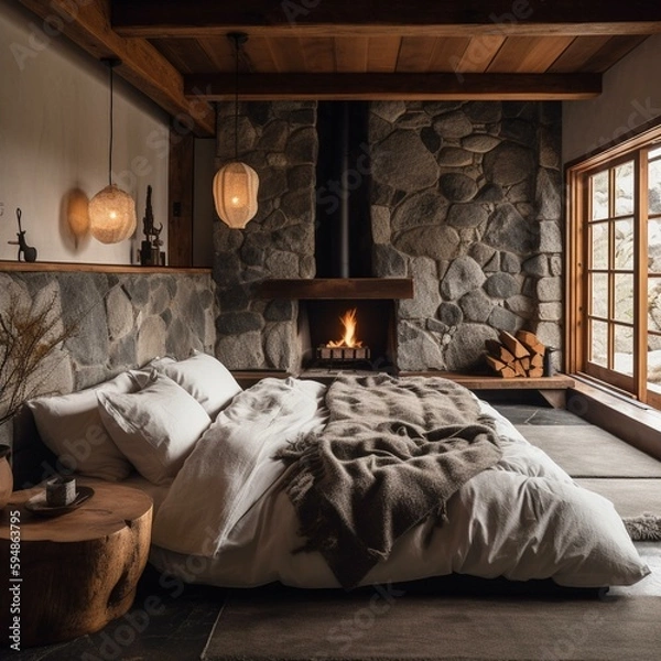 Obraz A cozy Zen style Bedroom adorned with fluffy cotton pillows and a rustic stone fireplace, generative ai