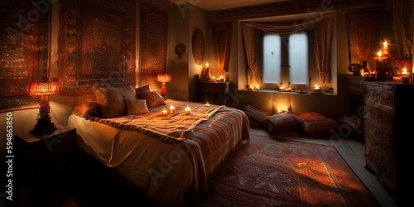 Obraz A romantic Bedroom illuminated by warm lighting that highlights the intricate Ethnic textiles, generative ai