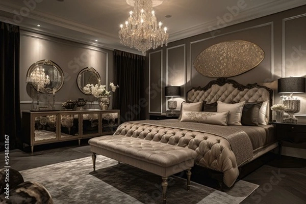 Fototapeta A lavish and opulent Bedroom filled with sumptuous fabrics and metallic accents, creating a luxurious atmosphere, generative ai