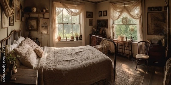 Fototapeta A cozy bedroom with vintage lace curtains and burlap bedspread, generative ai