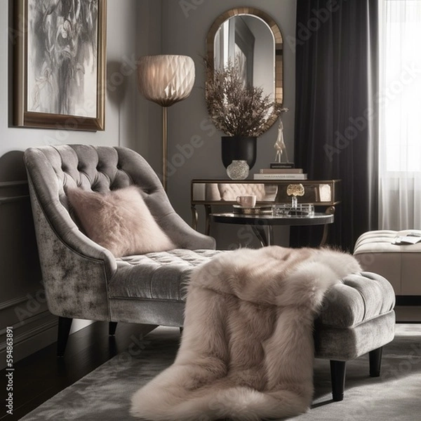 Obraz An opulent bedroom design featuring a velvet chaise lounge, a crystal table lamp, and a faux fur throw, generative ai