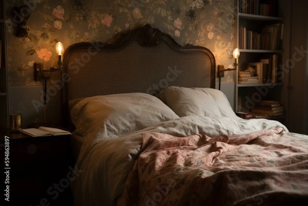 Obraz A cozy bedroom with a romantic brocade covered headboard and simple brass reading lamps, generative ai