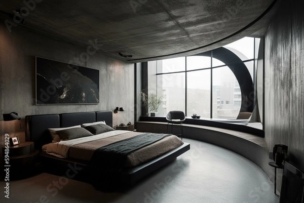 Obraz A stylish and minimalist Bedroom with leather and concrete textures, featuring a sculptural black leather bed and stark white walls, generative ai