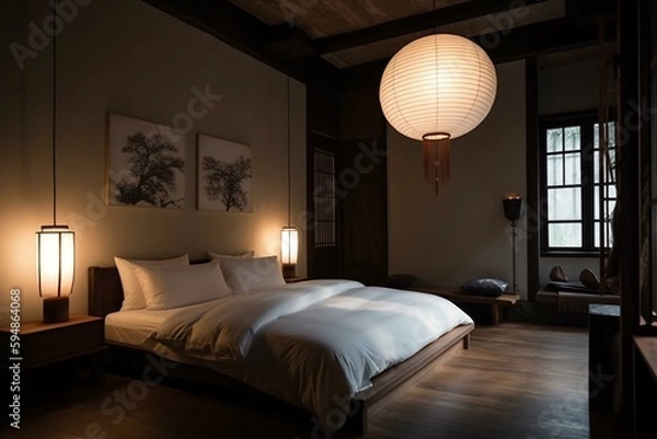 Obraz A luxurious Zen style Bedroom with a plush cotton duvet and designer lighting fixtures, generative ai
