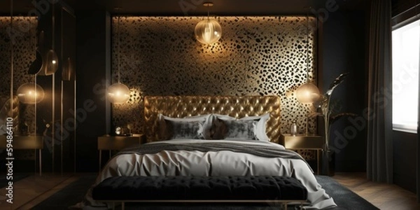 Fototapeta A bold Art Deco Bedroom with gilded animal print walls and metallic accents catch the light, making it a decadent retreat, generative ai