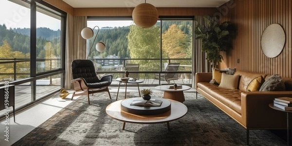 Obraz A Chic Mid-Century Modern Retreat with Geometric Patterns and Tweed Textures, generative ai
