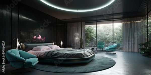 Obraz A futuristic Retro Bedroom with avant-garde lighting and statement furniture pieces for a bold statement, generative ai