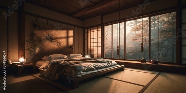 Obraz A cozy Japanese Bedroom with plush bedding and soft lighting for a peaceful retreat, generative ai
