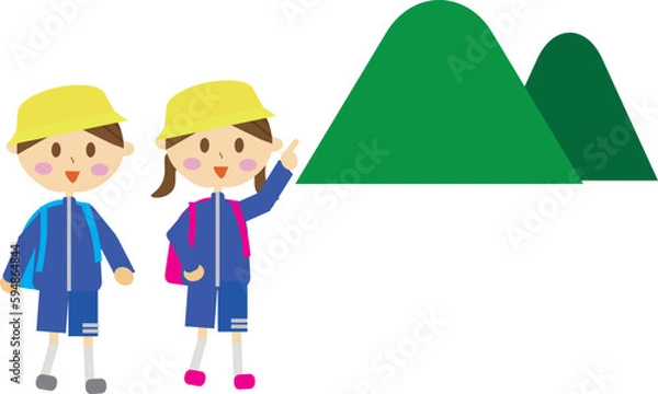 Fototapeta 遠足で山登りに行っている小学生のイラスト・林間学校・レクリエーション