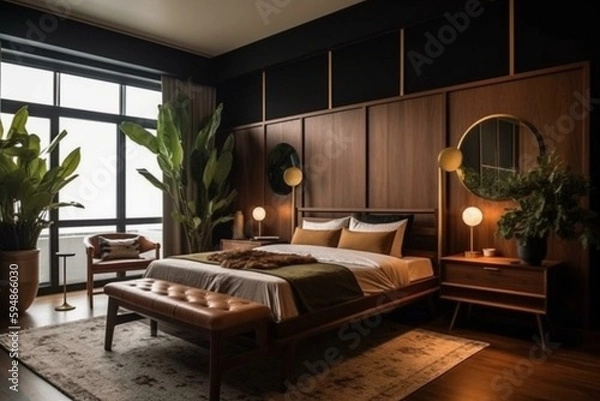Fototapeta A masculine Mid-Century Modern bedroom with bold teak wood furniture and statement brass decor, generative ai