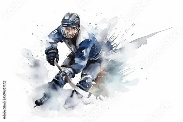 Obraz Ice hockey player hits the puck on a white background. Watercolor style
