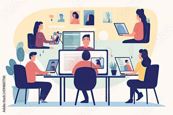 Obraz people connecting together, learning or meeting online with teleconference, video conference remote working