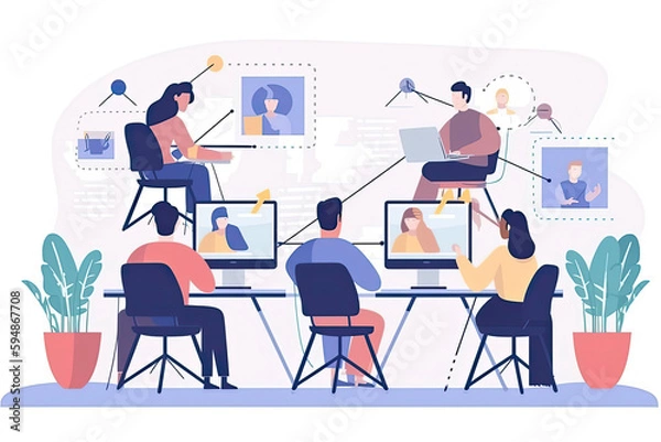 Obraz people connecting together, learning or meeting online with teleconference, video conference remote working