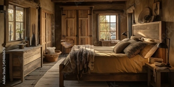 Fototapeta A rustic bedroom with an earthy feel, using natural materials and textures with rustic wood furniture, a neutral palette, and metalwork accents in ochre tones, generative ai