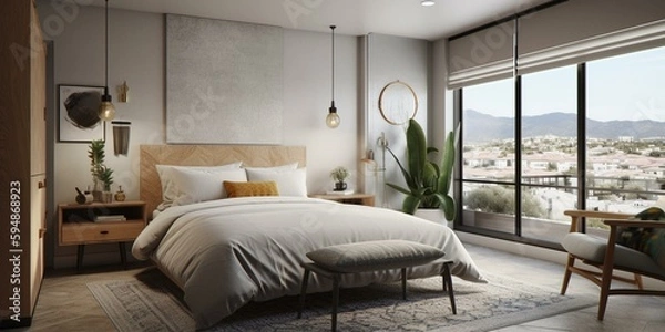 Fototapeta A Playful Mid-Century Modern Bedroom with Geometric Patterns and Tweed Textures, generative ai