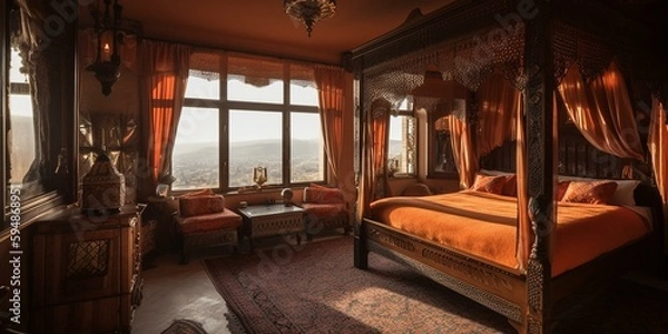 Fototapeta A Moroccan Bedroom with warm tones and intricate patterns, featuring a four-poster bed draped in silk fabric, generative ai