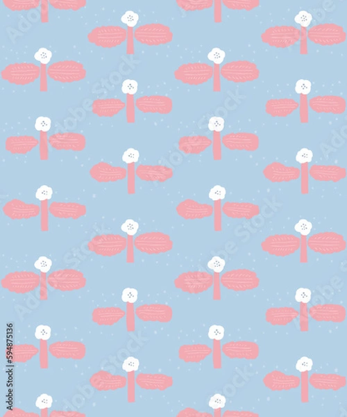 Obraz 北欧風　手描きの花柄　シームレスパターン（ピンク×水色）