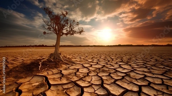 Fototapeta Cracked Earth and wilted tree depict severe drought caused by climate change. Generative AI