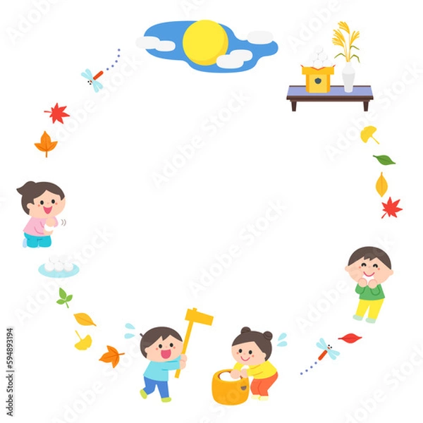 Obraz イラストフレーム　子どもたちとお月見