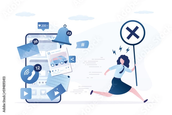 Fototapeta Social network fatigue, addiction. Young woman running away mobile phone.  Stop sharing and using media content, apps and notifications on smartphone screen. Dependence on gadgets.