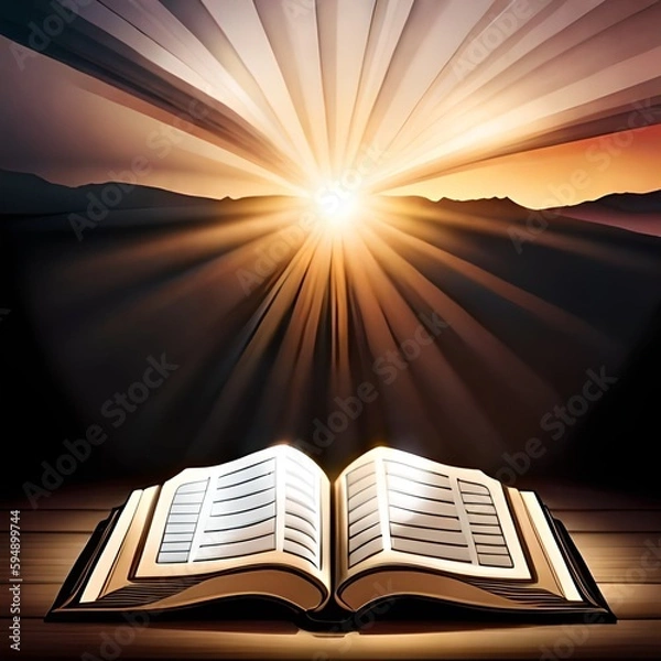 Fototapeta The book of the Islamic Koran with a shining light effect, which is exotic and the theme of Ramadan. Great for business, blog, website, presentation, wallpaper, speech etc. Ai Generated image concept
