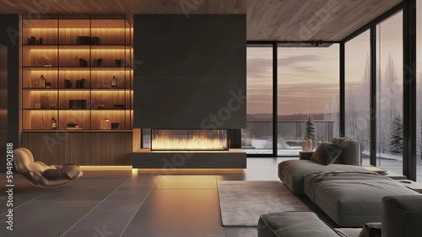 Fototapeta A living room with minimalistic interior, a cozy fireplace, and panoramic views of snow-covered forest through surrounding windows, photorealistic illustration, Generative AI