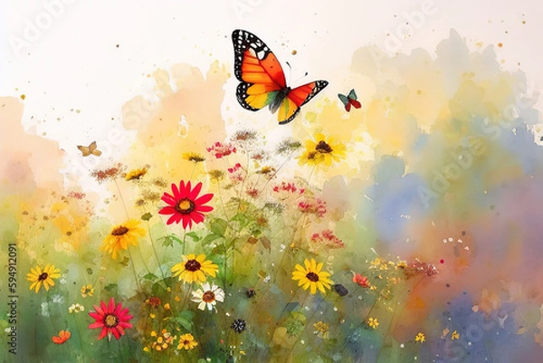 Fototapeta Watercolor illustration of butterflies fluttering over wild flowers in spring, Generative AI.