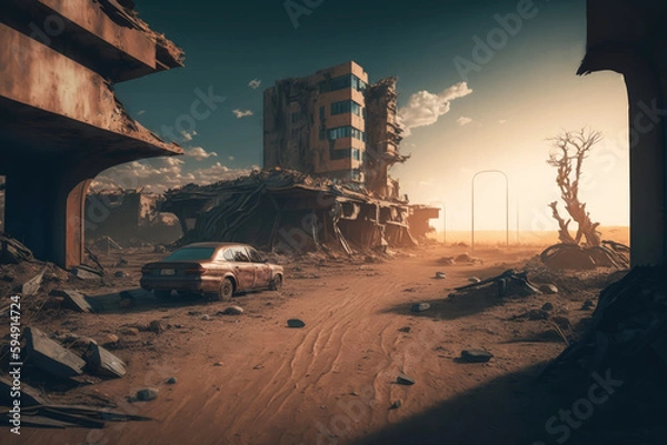Fototapeta Post-apocalypse: The End of the World. Rusty car and terribly ruined landscape | Generative AI Production