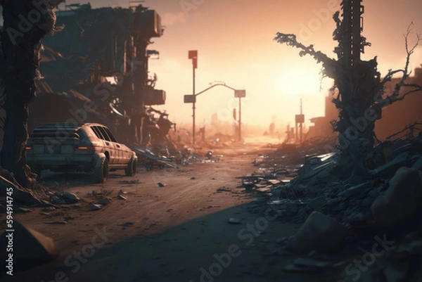 Fototapeta Post-apocalypse: The End of the World. Rusty car and terribly ruined landscape | Generative AI Production