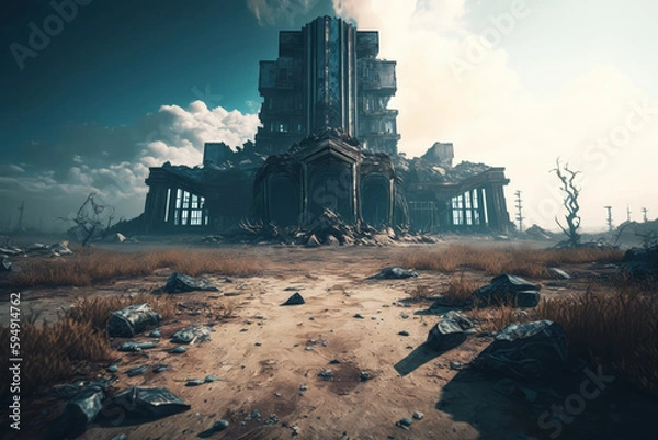 Fototapeta Post-apocalypse: The End of the World. The terribly ruined landscape | Generative AI Production
