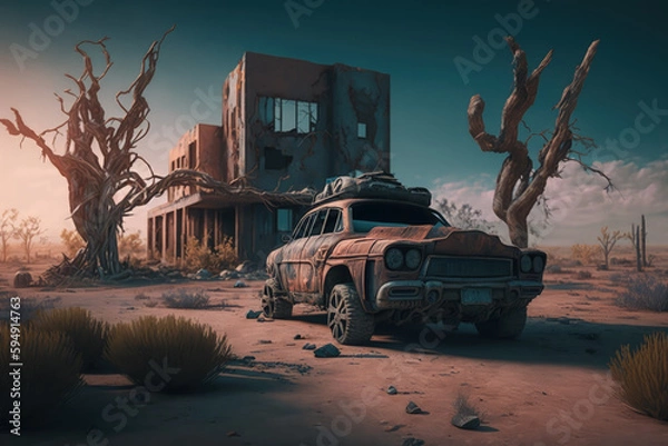 Fototapeta Post-apocalypse: The End of the World. Rusty car and terribly ruined landscape | Generative AI Production