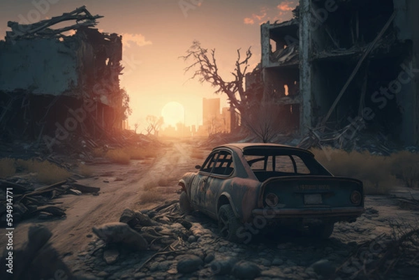 Fototapeta Post-apocalypse: The End of the World. Rusty car and terribly ruined landscape | Generative AI Production