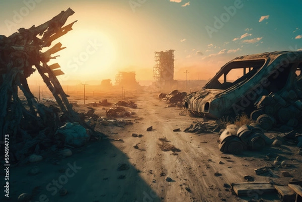 Fototapeta Post-apocalypse: The End of the World. The terribly ruined landscape | Generative AI Production