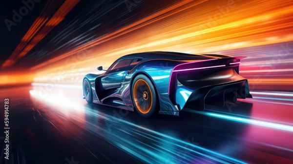 Fototapeta Futuristic Sports Car On Neon Highway. Powerful acceleration of a supercar with colorful lights trails. generative AI.