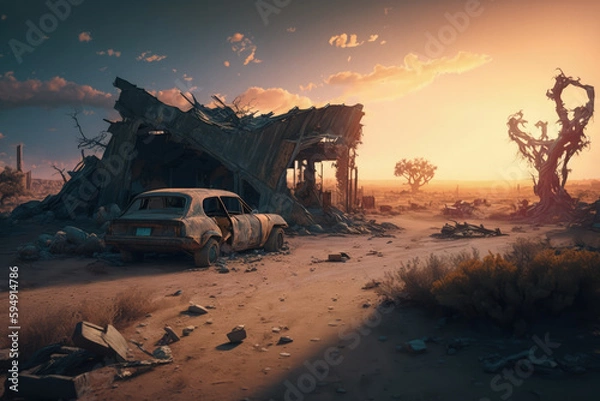Fototapeta Post-apocalypse: The End of the World. Rusty car and terribly ruined landscape | Generative AI Production