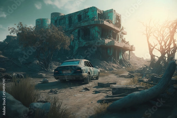 Fototapeta Post-apocalypse: The End of the World. Rusty car and terribly ruined landscape | Generative AI Production