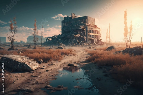 Fototapeta Post-apocalypse: The End of the World. The terribly ruined landscape | Generative AI Production