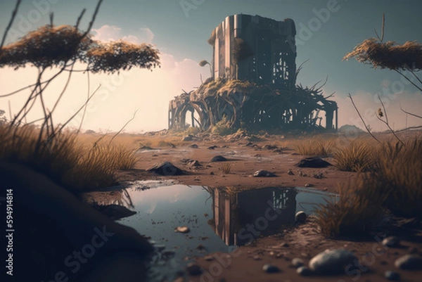 Fototapeta Post-apocalypse: The End of the World. The terribly ruined landscape | Generative AI Production