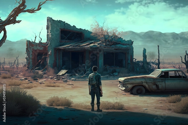 Fototapeta Post-apocalypse: The End of the World. The terribly ruined landscape with survivor | Generative AI Production