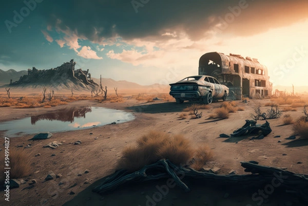 Fototapeta Post-apocalypse: The End of the World. Rusty car and terribly ruined landscape | Generative AI Production