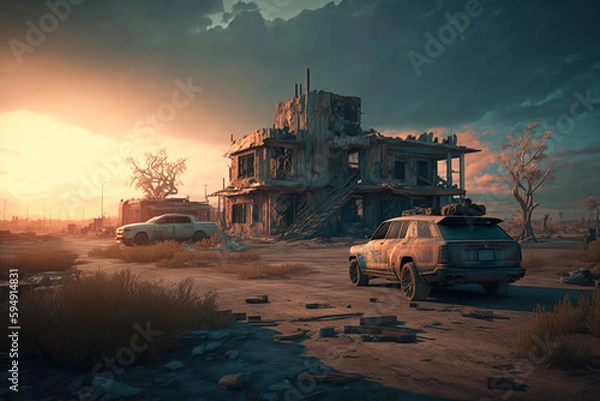 Fototapeta Post-apocalypse: The End of the World. Rusty car and terribly ruined landscape | Generative AI Production