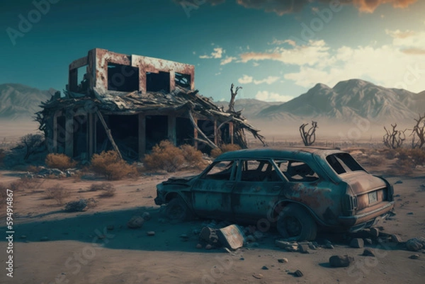 Fototapeta Post-apocalypse: The End of the World. Rusty car and terribly ruined landscape | Generative AI Production