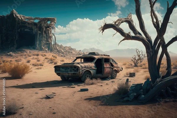 Fototapeta Post-apocalypse: The End of the World. Rusty car and terribly ruined landscape | Generative AI Production