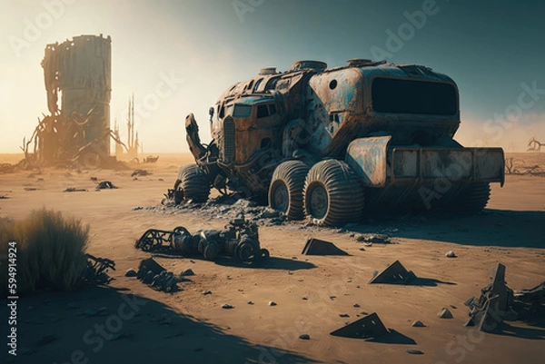 Fototapeta Post-apocalypse: The End of the World. Rusty car and terribly ruined landscape | Generative AI Production