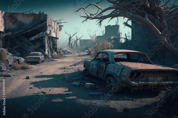 Fototapeta Post-apocalypse: The End of the World. Rusty car and terribly ruined landscape | Generative AI Production