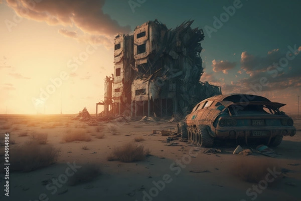 Fototapeta Post-apocalypse: The End of the World. Rusty car and terribly ruined landscape | Generative AI Production