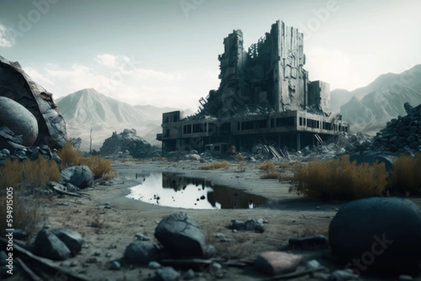 Fototapeta Post-apocalypse: The End of the World. The terribly ruined landscape | Generative AI Production